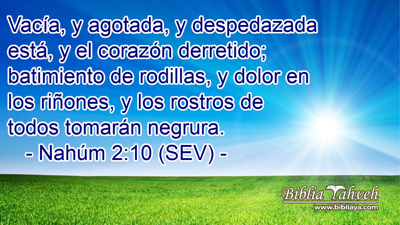 Vacía, y agotada, y despedazada está, y el corazón derretido; batimiento de rodillas, y dolor en los riñones, y los rostros de todos tomarán negrura.