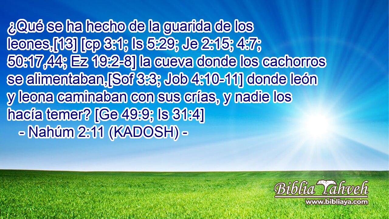  ¿Qué se ha hecho de la guarida de los leones,[13] [cp 3:1; Is 5:29; Je 2:15; 4:7; 50:17,44; Ez 19:2-8] la cueva donde los cachorros se alimentaban,[Sof 3:3; Job 4:10-11] donde león y leona caminaban con sus crías, y nadie los hacía temer? [Ge 49:9; Is 31:4] 