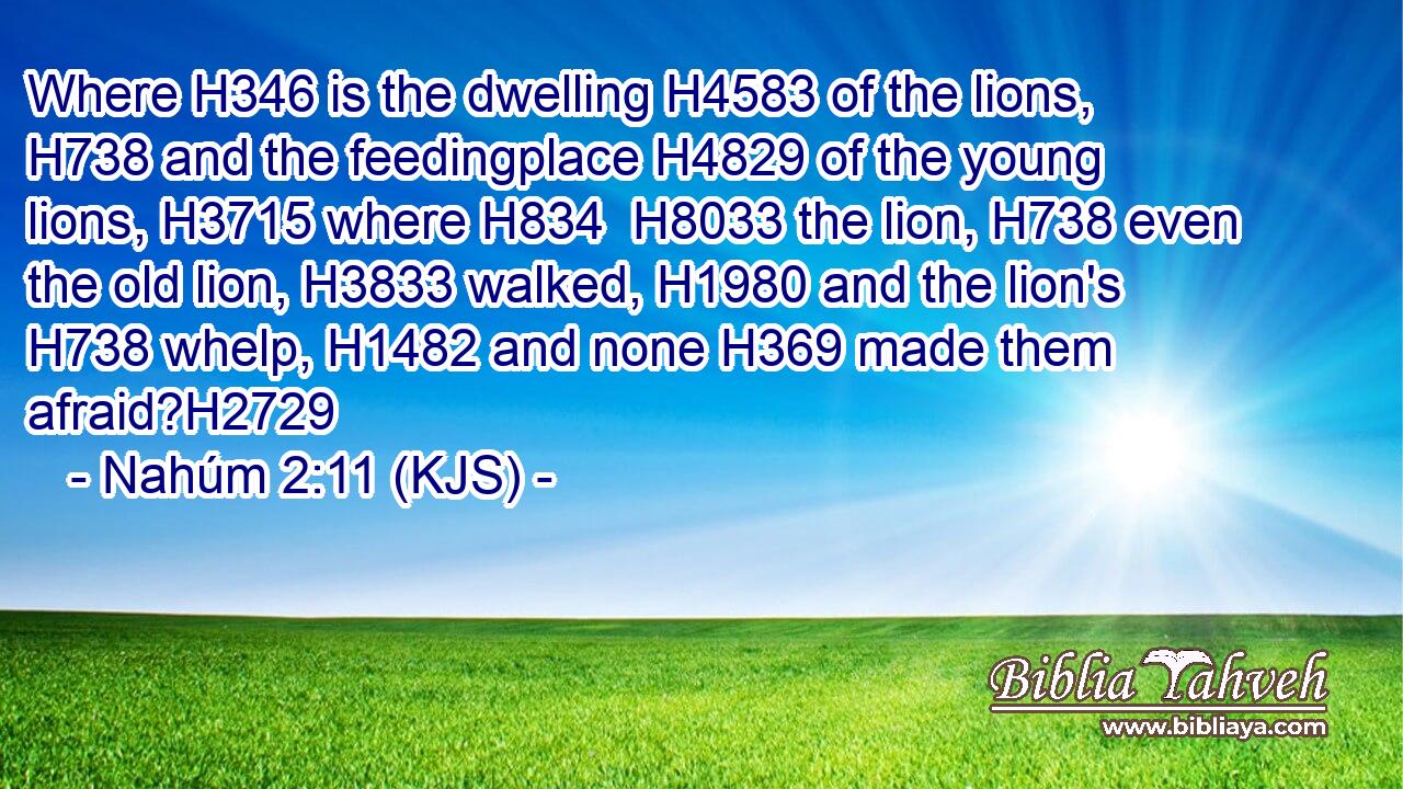Where H346 is the dwelling H4583 of the lions, H738 and the feedingplace H4829 of the young lions, H3715 where H834  H8033 the lion, H738 even the old lion, H3833 walked, H1980 and the lion's H738 whelp, H1482 and none H369 made them afraid?H2729