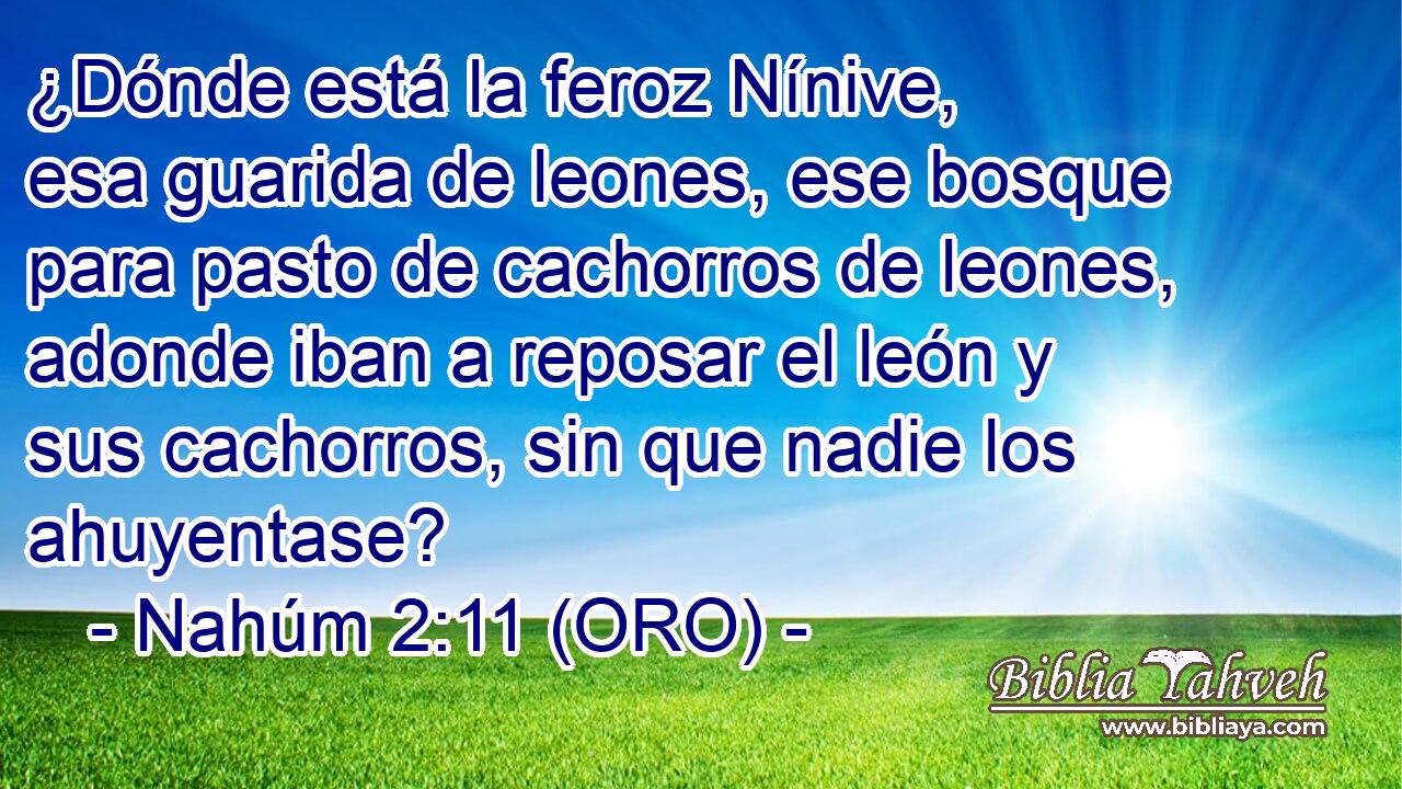  ¿Dónde está la feroz Nínive, esa guarida de leones, ese bosque para pasto de cachorros de leones, adonde iban a reposar el león y sus cachorros, sin que nadie los ahuyentase? 