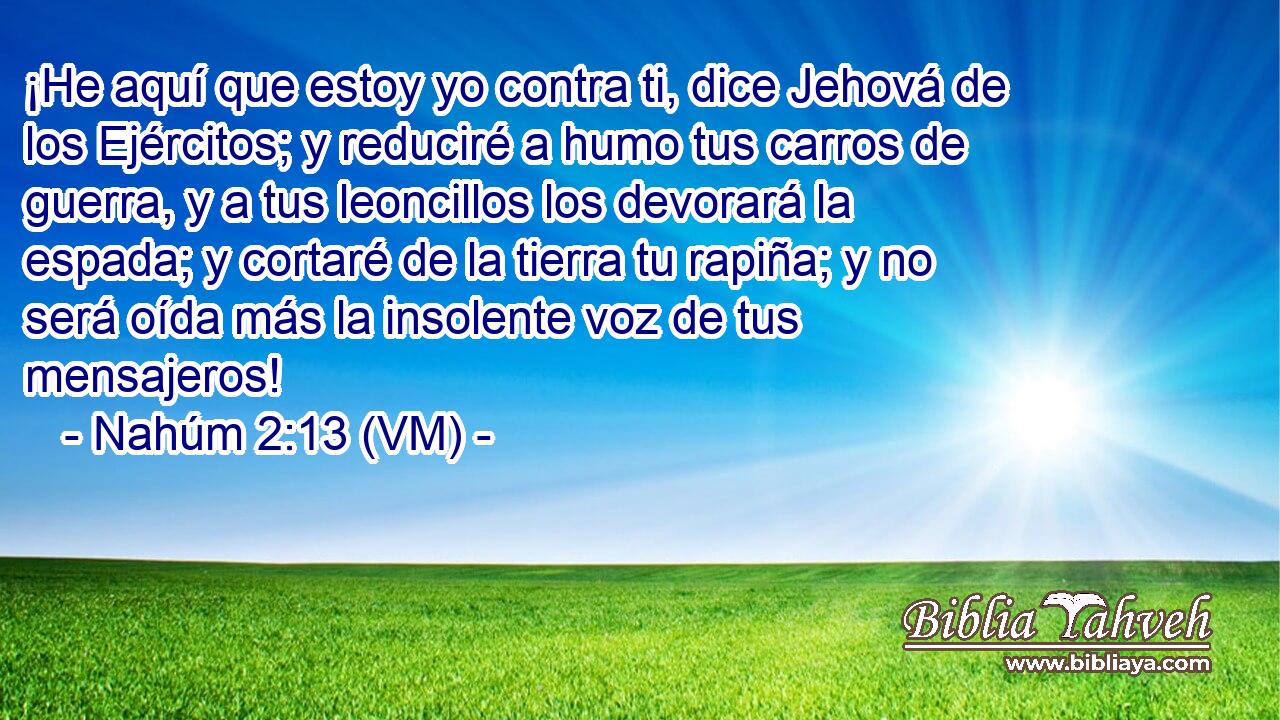  ¡He aquí que estoy yo contra ti, dice Jehová de los Ejércitos; y reduciré a humo tus carros de guerra, y a tus leoncillos los devorará la espada; y cortaré de la tierra tu rapiña; y no será oída más la insolente voz de tus mensajeros! 