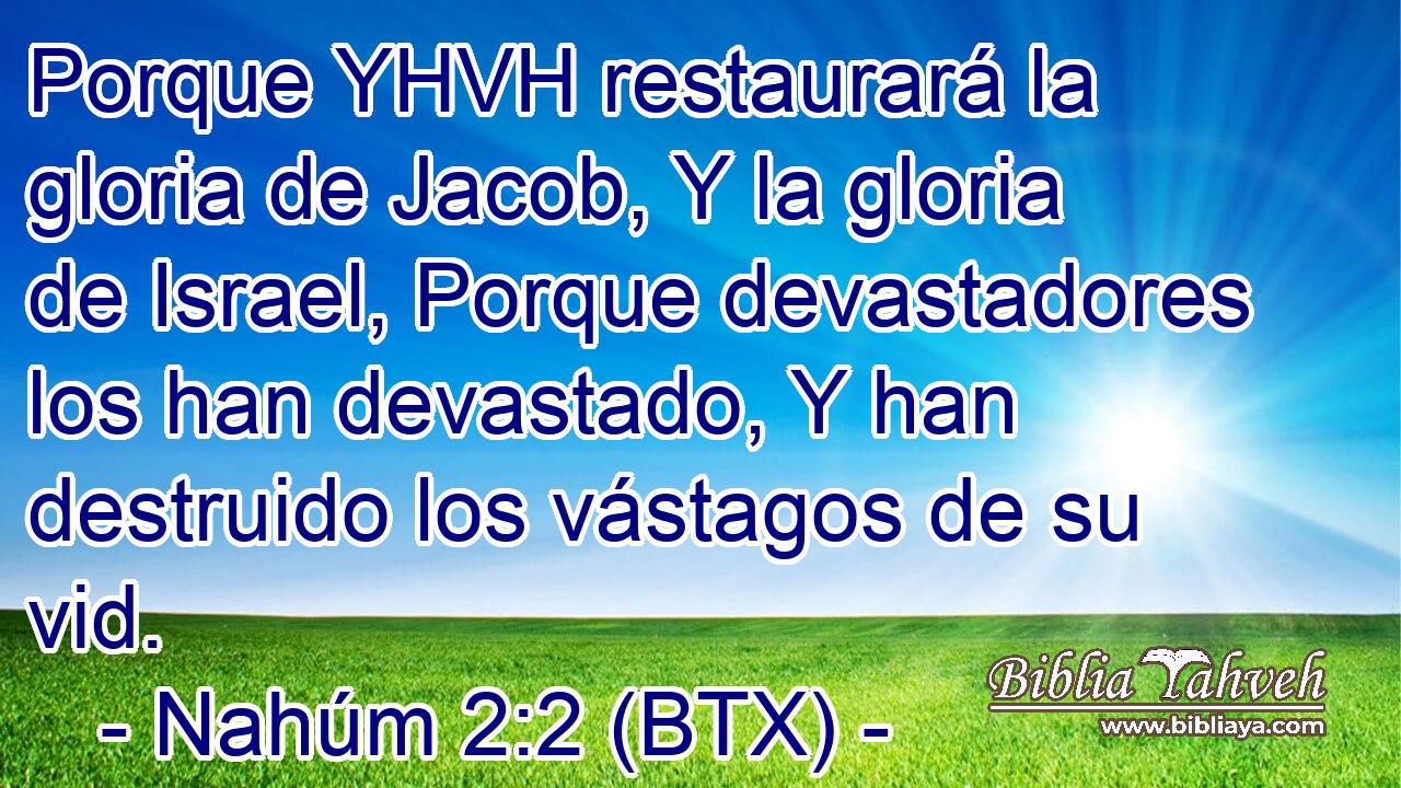 Porque YHVH restaurará la gloria de Jacob, Y la gloria de Israel, Porque devastadores los han devastado, Y han destruido los vástagos de su vid.