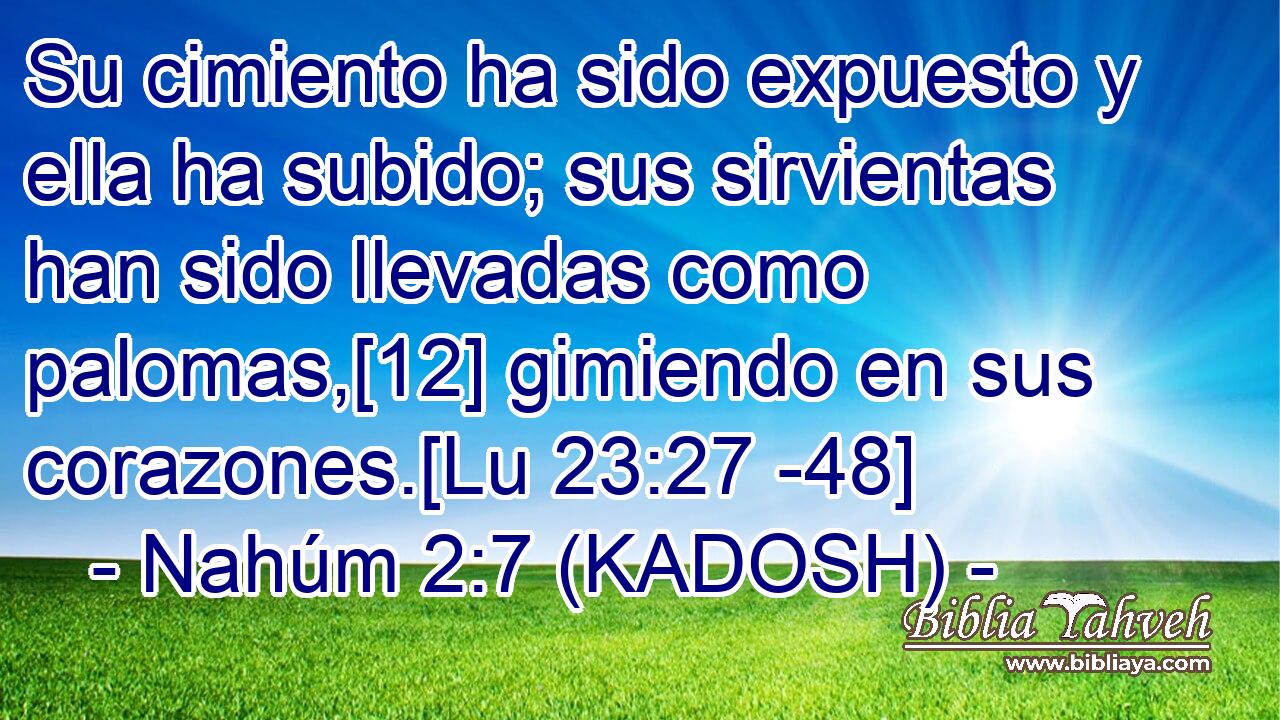  Su cimiento ha sido expuesto y ella ha subido; sus sirvientas han sido llevadas como palomas,[12] gimiendo en sus corazones.[Lu 23:27 -48] 