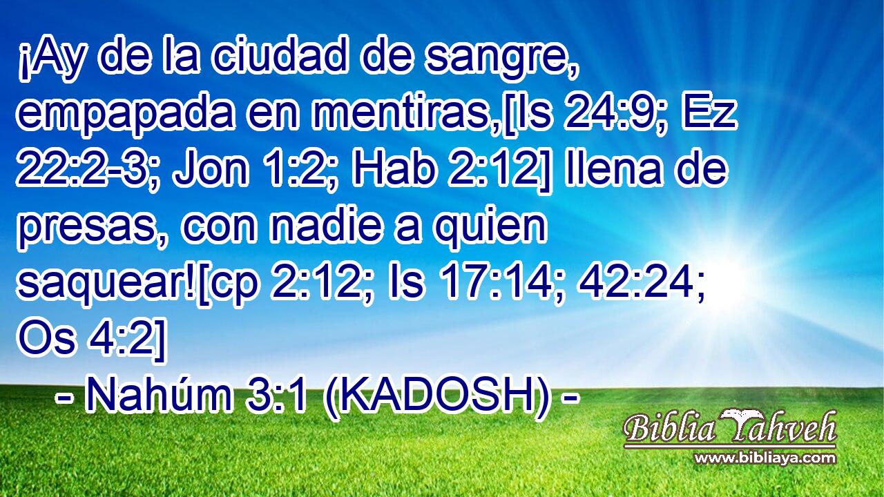 ¡Ay de la ciudad de sangre, empapada en mentiras,[Is 24:9; Ez 22:2-3; Jon 1:2; Hab 2:12] llena de presas, con nadie a quien saquear![cp 2:12; Is 17:14; 42:24; Os 4:2] 