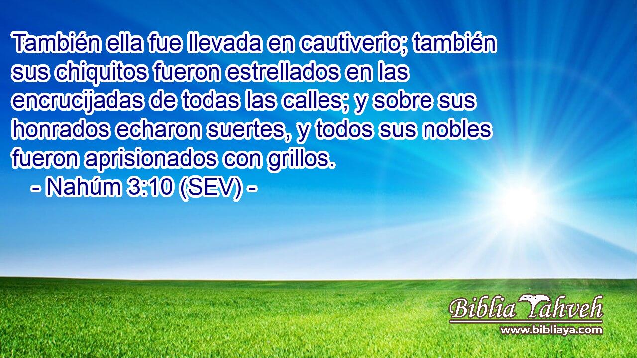 También ella fue llevada en cautiverio; también sus chiquitos fueron estrellados en las encrucijadas de todas las calles; y sobre sus honrados echaron suertes, y todos sus nobles fueron aprisionados con grillos.