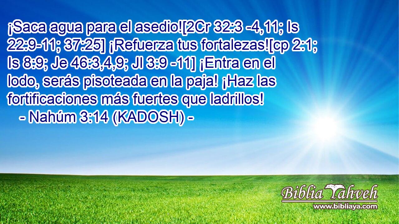  ¡Saca agua para el asedio![2Cr 32:3 -4,11; Is 22:9-11; 37:25] ¡Refuerza tus fortalezas![cp 2:1; Is 8:9; Je 46:3,4,9; Jl 3:9 -11] ¡Entra en el lodo, serás pisoteada en la paja! ¡Haz las fortificaciones más fuertes que ladrillos! 