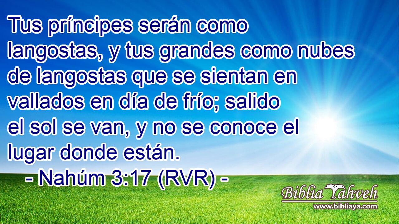 Tus príncipes serán como langostas, y tus grandes como nubes de langostas que se sientan en vallados en día de frío; salido el sol se van, y no se conoce el lugar donde están.