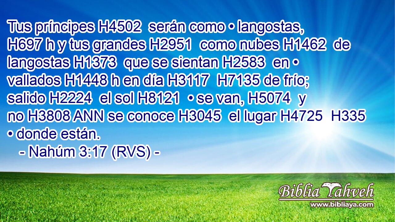 Tus príncipes H4502  serán como • langostas, H697 h y tus grandes H2951  como nubes H1462  de langostas H1373  que se sientan H2583  en • vallados H1448 h en día H3117  H7135 de frío; salido H2224  el sol H8121  • se van, H5074  y no H3808 ANN se conoce H3045  el lugar H4725  H335 • donde están. 