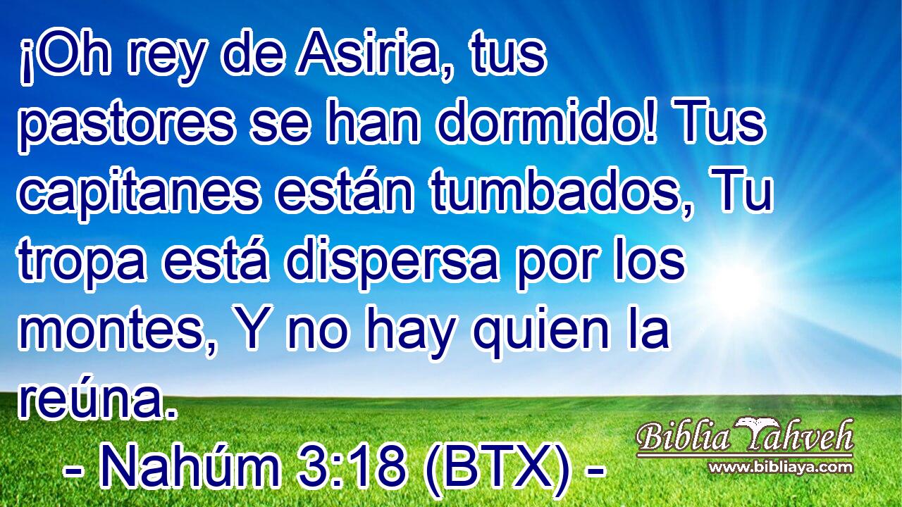 ¡Oh rey de Asiria, tus pastores se han dormido! Tus capitanes están tumbados, Tu tropa está dispersa por los montes, Y no hay quien la reúna.