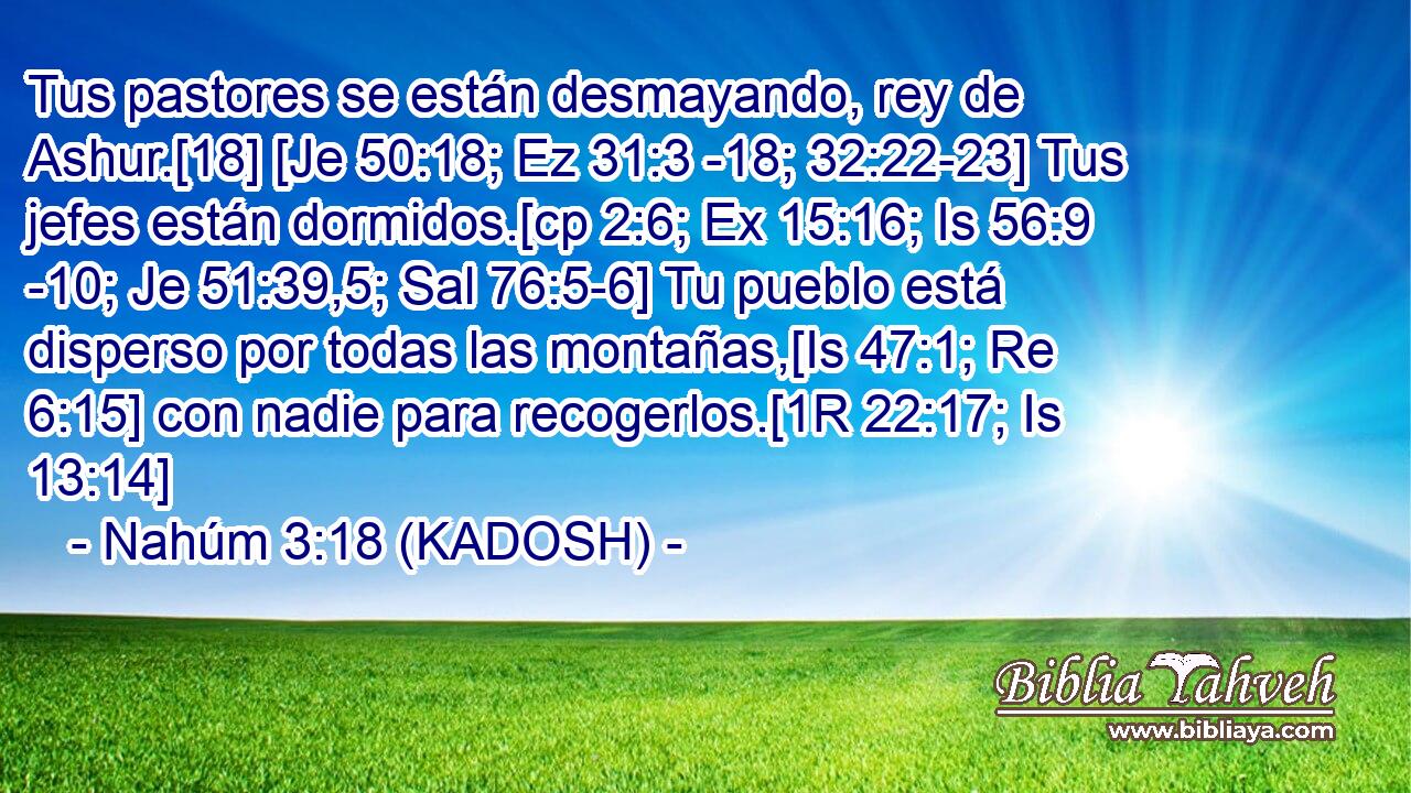  Tus pastores se están desmayando, rey de Ashur.[18] [Je 50:18; Ez 31:3 -18; 32:22-23] Tus jefes están dormidos.[cp 2:6; Ex 15:16; Is 56:9 -10; Je 51:39,5; Sal 76:5-6] Tu pueblo está disperso por todas las montañas,[Is 47:1; Re 6:15] con nadie para recogerlos.[1R 22:17; Is 13:14] 
