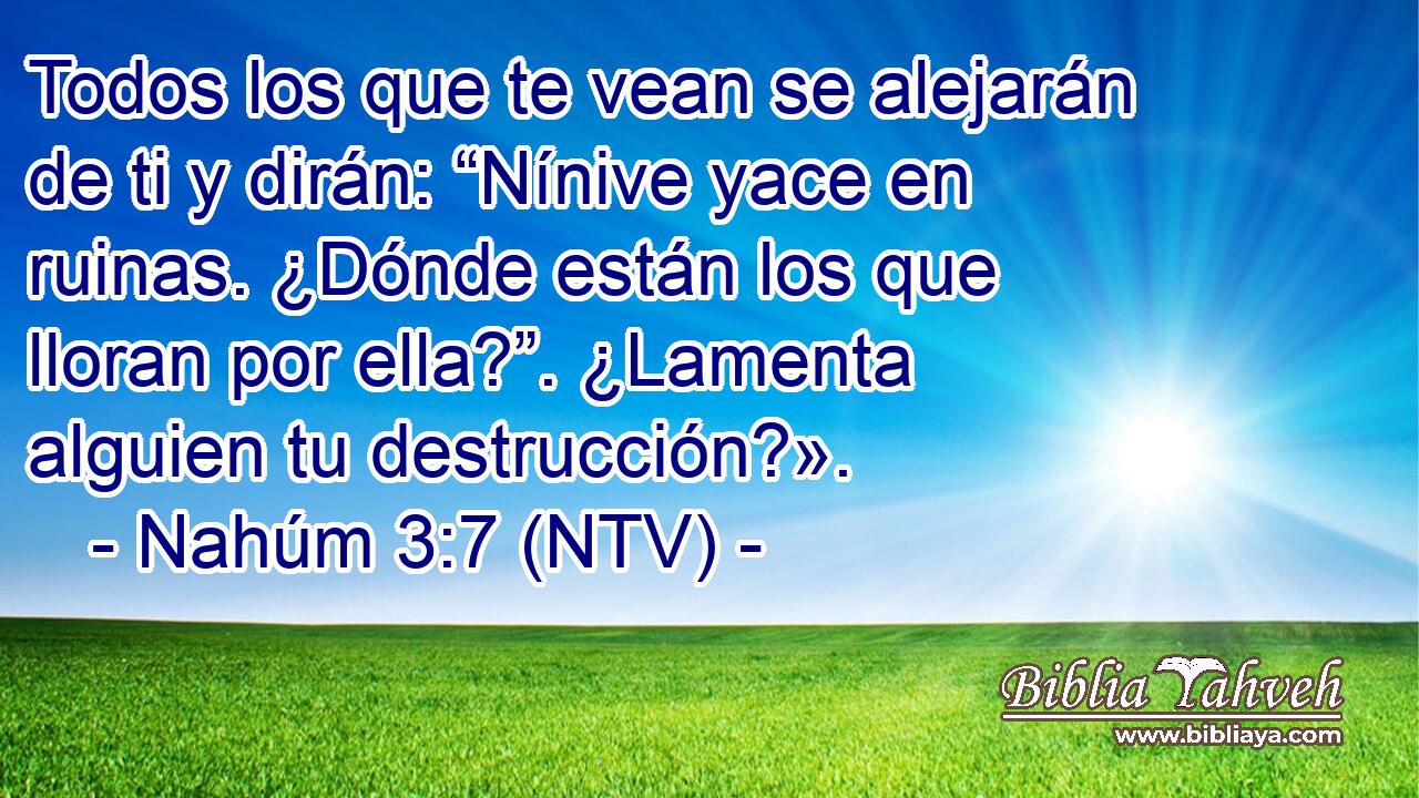 Todos los que te vean se alejarán de ti y dirán: “Nínive yace en ruinas. ¿Dónde están los que lloran por ella?”. ¿Lamenta alguien tu destrucción?».