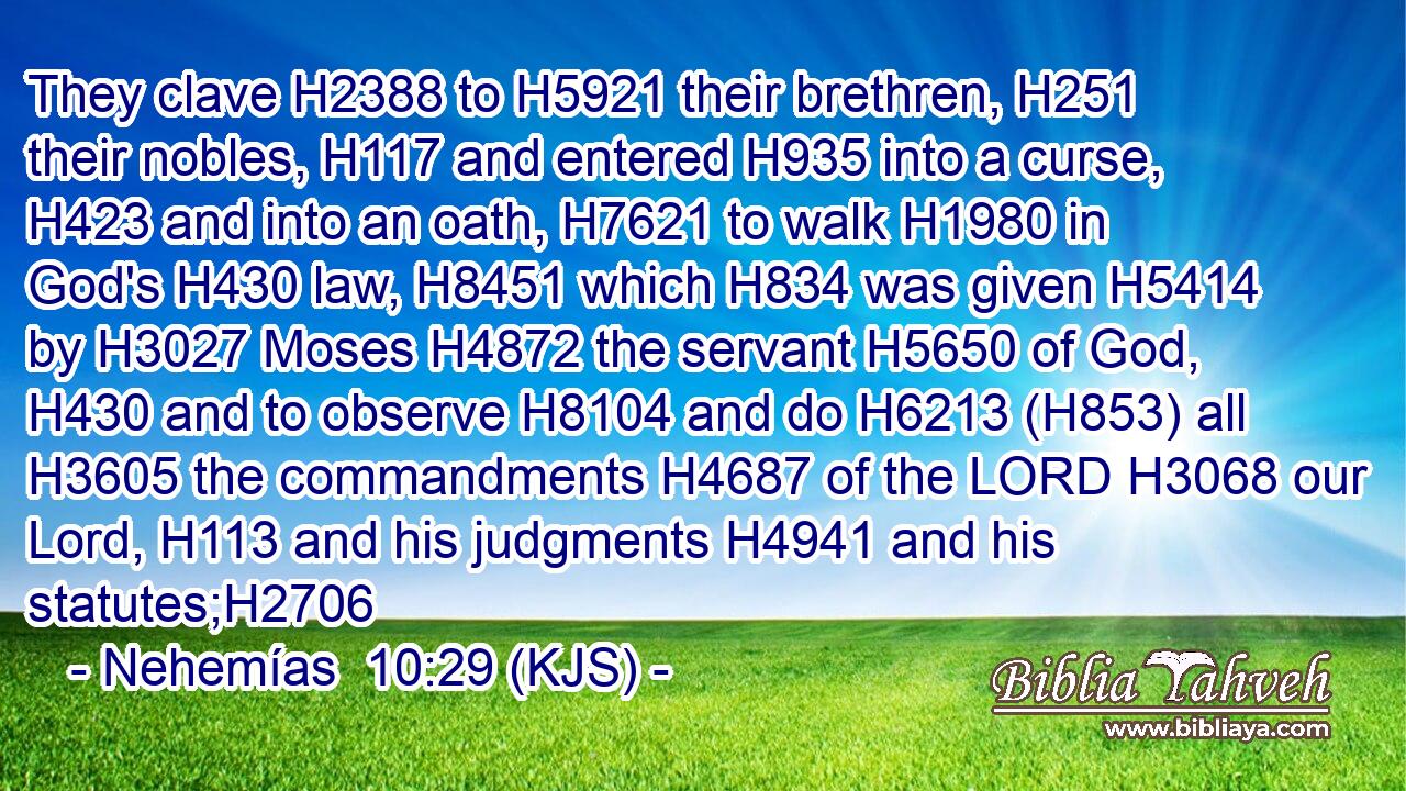 They clave H2388 to H5921 their brethren, H251 their nobles, H117 and entered H935 into a curse, H423 and into an oath, H7621 to walk H1980 in God's H430 law, H8451 which H834 was given H5414 by H3027 Moses H4872 the servant H5650 of God, H430 and to observe H8104 and do H6213 (H853) all H3605 the commandments H4687 of the LORD H3068 our Lord, H113 and his judgments H4941 and his statutes;H2706