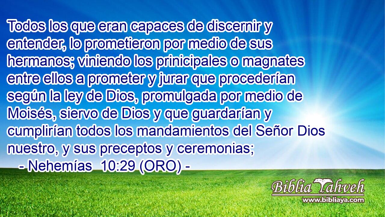  Todos los que eran capaces de discernir y entender, lo prometieron por medio de sus hermanos; viniendo los prinicipales o magnates entre ellos a prometer y jurar que procederían según la ley de Dios, promulgada por medio de Moisés, siervo de Dios y que guardarían y cumplirían todos los mandamientos del Señor Dios nuestro, y sus preceptos y ceremonias; 