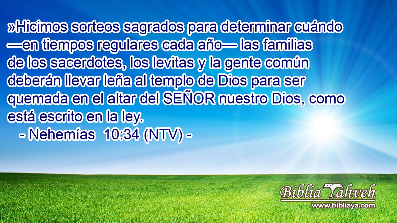 »Hicimos sorteos sagrados para determinar cuándo —en tiempos regulares cada año— las familias de los sacerdotes, los levitas y la gente común deberán llevar leña al templo de Dios para ser quemada en el altar del SEÑOR nuestro Dios, como está escrito en la ley.