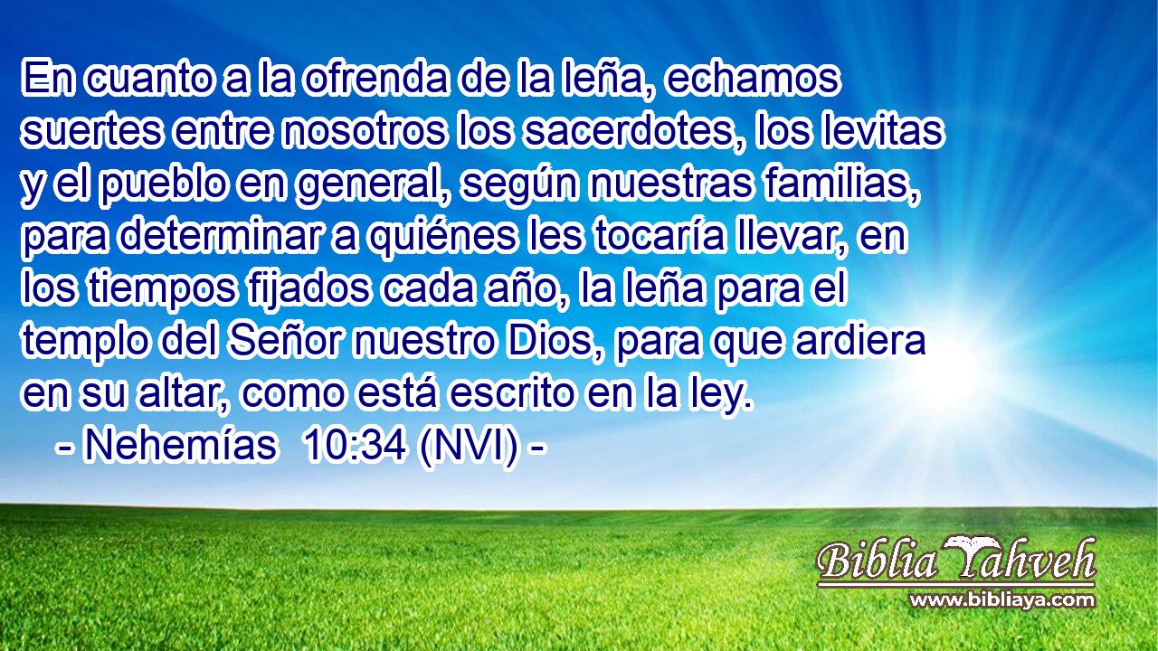  En cuanto a la ofrenda de la leña, echamos suertes entre nosotros los sacerdotes, los levitas y el pueblo en general, según nuestras familias, para determinar a quiénes les tocaría llevar, en los tiempos fijados cada año, la leña para el templo del Señor nuestro Dios, para que ardiera en su altar, como está escrito en la ley. 