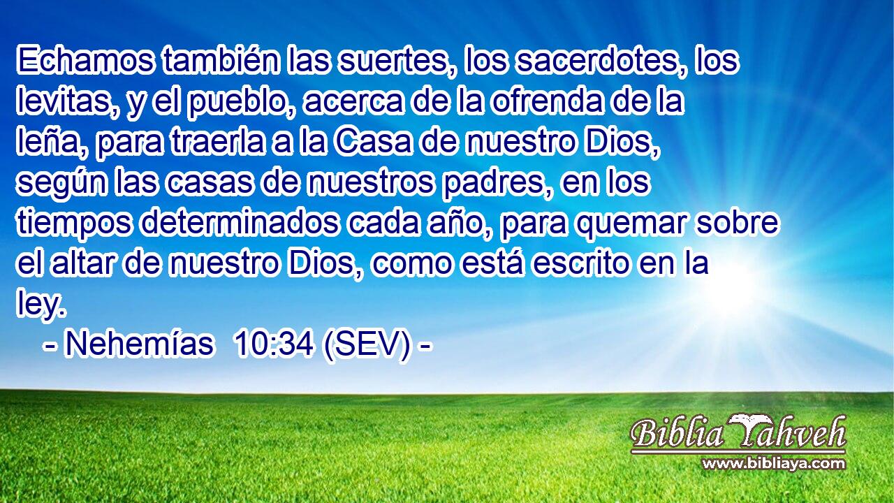 Echamos también las suertes, los sacerdotes, los levitas, y el pueblo, acerca de la ofrenda de la leña, para traerla a la Casa de nuestro Dios, según las casas de nuestros padres, en los tiempos determinados cada año, para quemar sobre el altar de nuestro Dios, como está escrito en la ley.