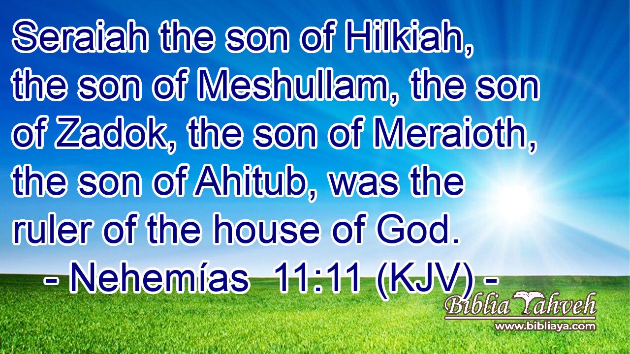 Seraiah the son of Hilkiah, the son of Meshullam, the son of Zadok, the son of Meraioth, the son of Ahitub, was the ruler of the house of God.