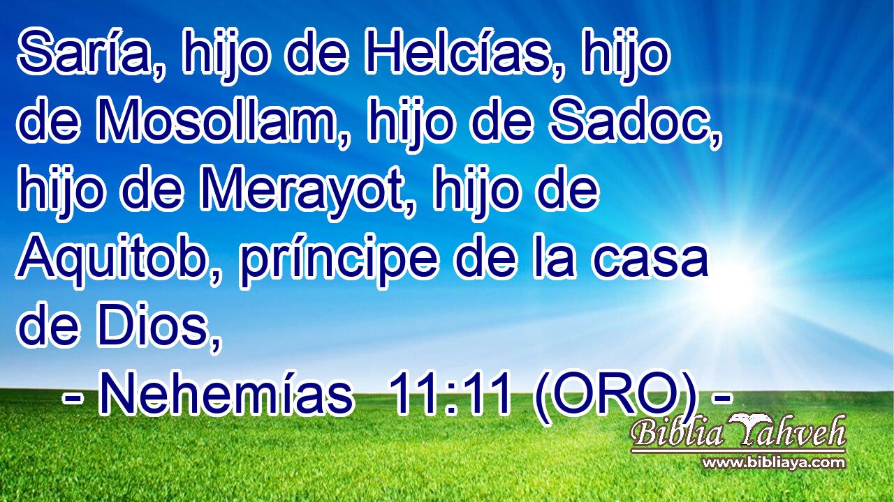  Saría, hijo de Helcías, hijo de Mosollam, hijo de Sadoc, hijo de Merayot, hijo de Aquitob, príncipe de la casa de Dios, 