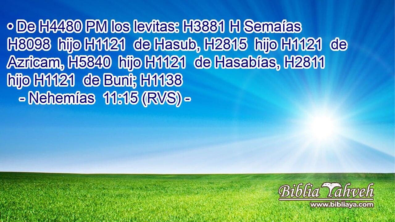 • De H4480 PM los levitas: H3881 H Semaías H8098  hijo H1121  de Hasub, H2815  hijo H1121  de Azricam, H5840  hijo H1121  de Hasabías, H2811  hijo H1121  de Buni; H1138  