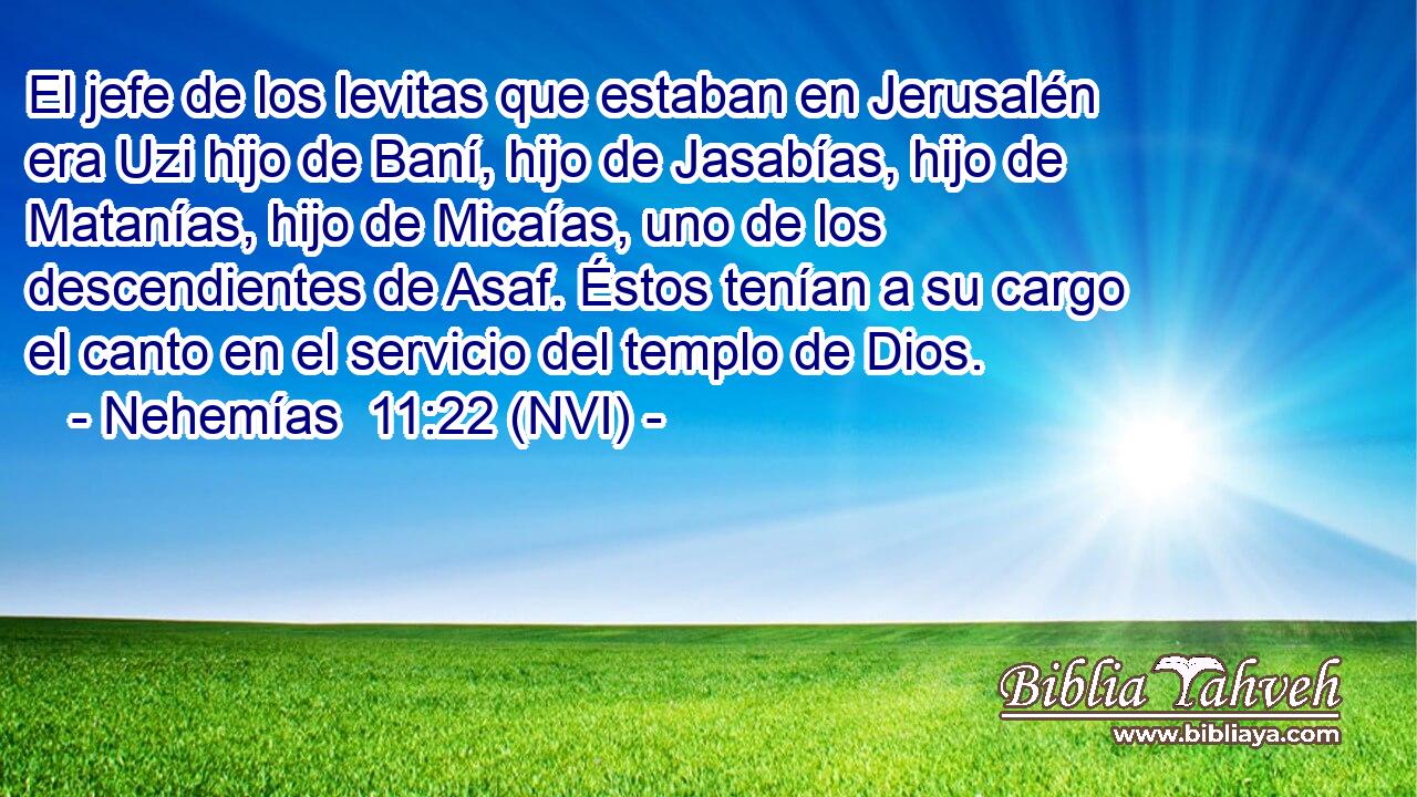  El jefe de los levitas que estaban en Jerusalén era Uzi hijo de Baní, hijo de Jasabías, hijo de Matanías, hijo de Micaías, uno de los descendientes de Asaf. Éstos tenían a su cargo el canto en el servicio del templo de Dios. 
