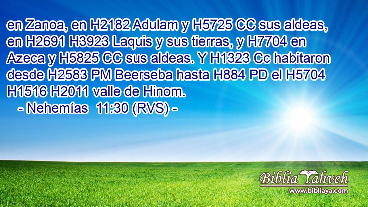 en Zanoa, en H2182 Adulam y H5725 CC sus aldeas, en H2691 H3923 Laquis y sus tierras, y H7704 en Azeca y H5825 CC sus aldeas. Y H1323 Cc habitaron desde H2583 PM Beerseba hasta H884 PD el H5704 H1516 H2011 valle de Hinom. 