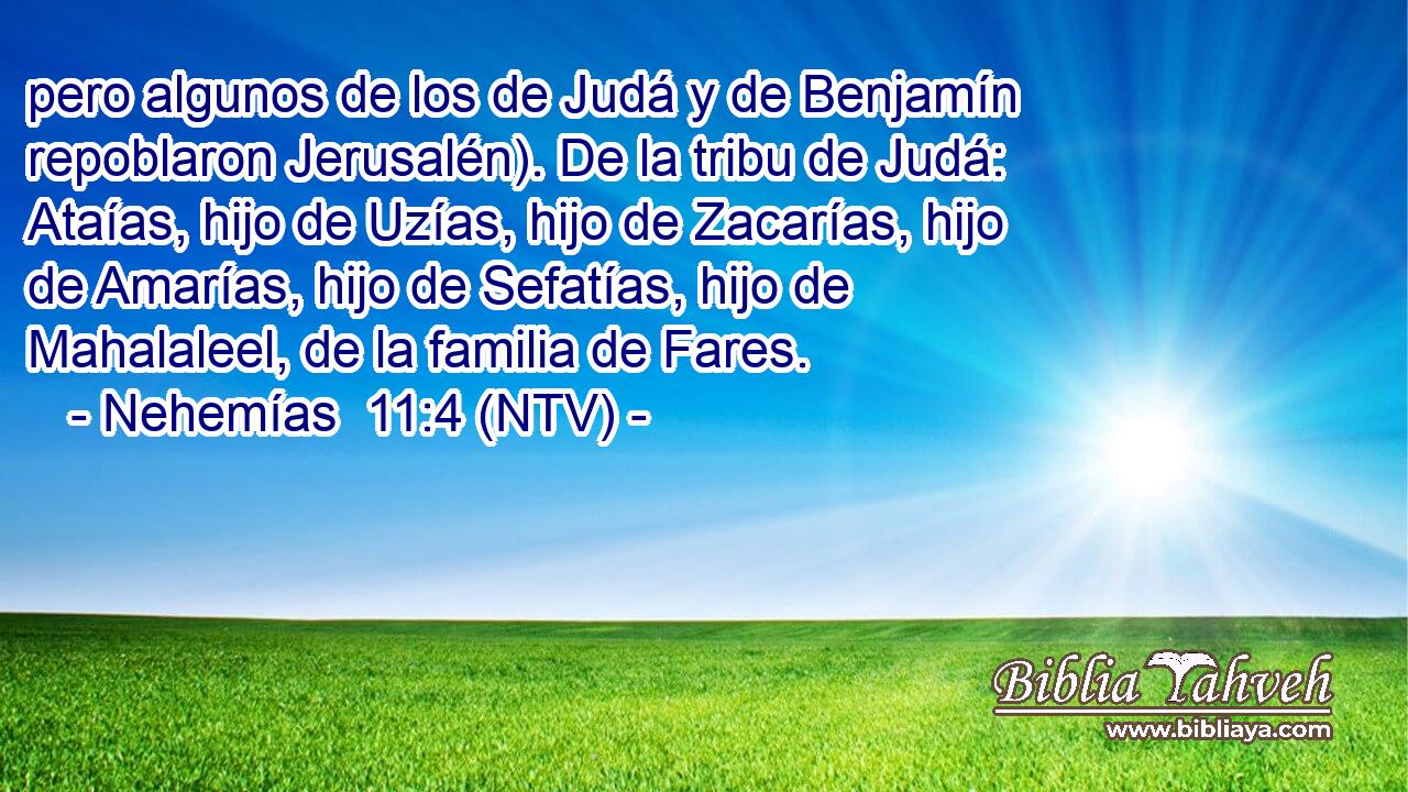 pero algunos de los de Judá y de Benjamín repoblaron Jerusalén). De la tribu de Judá: Ataías, hijo de Uzías, hijo de Zacarías, hijo de Amarías, hijo de Sefatías, hijo de Mahalaleel, de la familia de Fares.