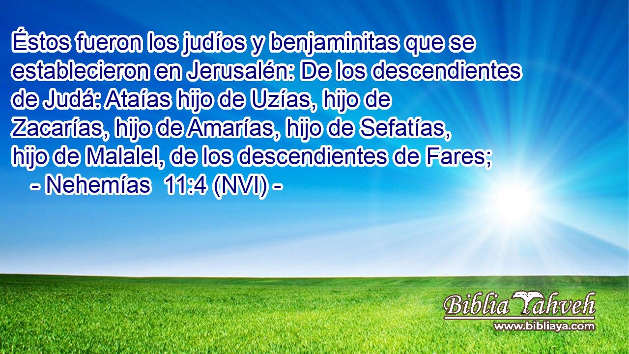  Éstos fueron los judíos y benjaminitas que se establecieron en Jerusalén: De los descendientes de Judá: Ataías hijo de Uzías, hijo de Zacarías, hijo de Amarías, hijo de Sefatías, hijo de Malalel, de los descendientes de Fares; 