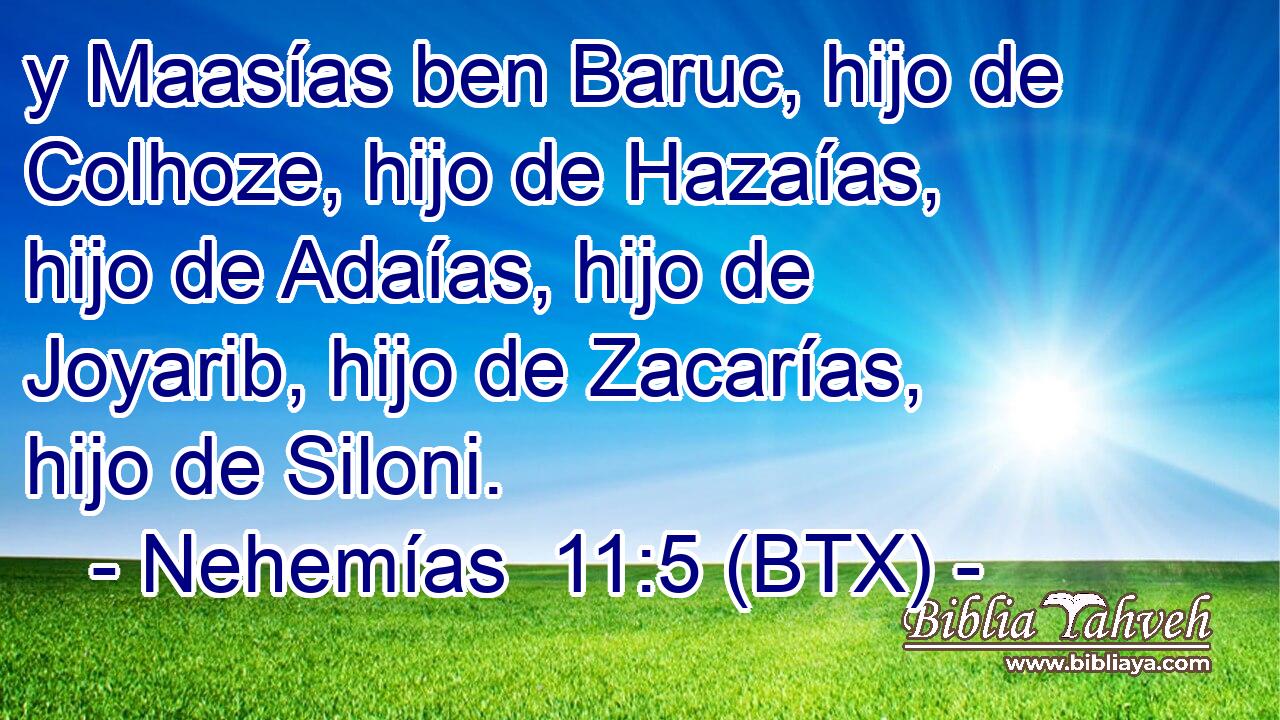 y Maasías ben Baruc, hijo de Colhoze, hijo de Hazaías, hijo de Adaías, hijo de Joyarib, hijo de Zacarías, hijo de Siloni.