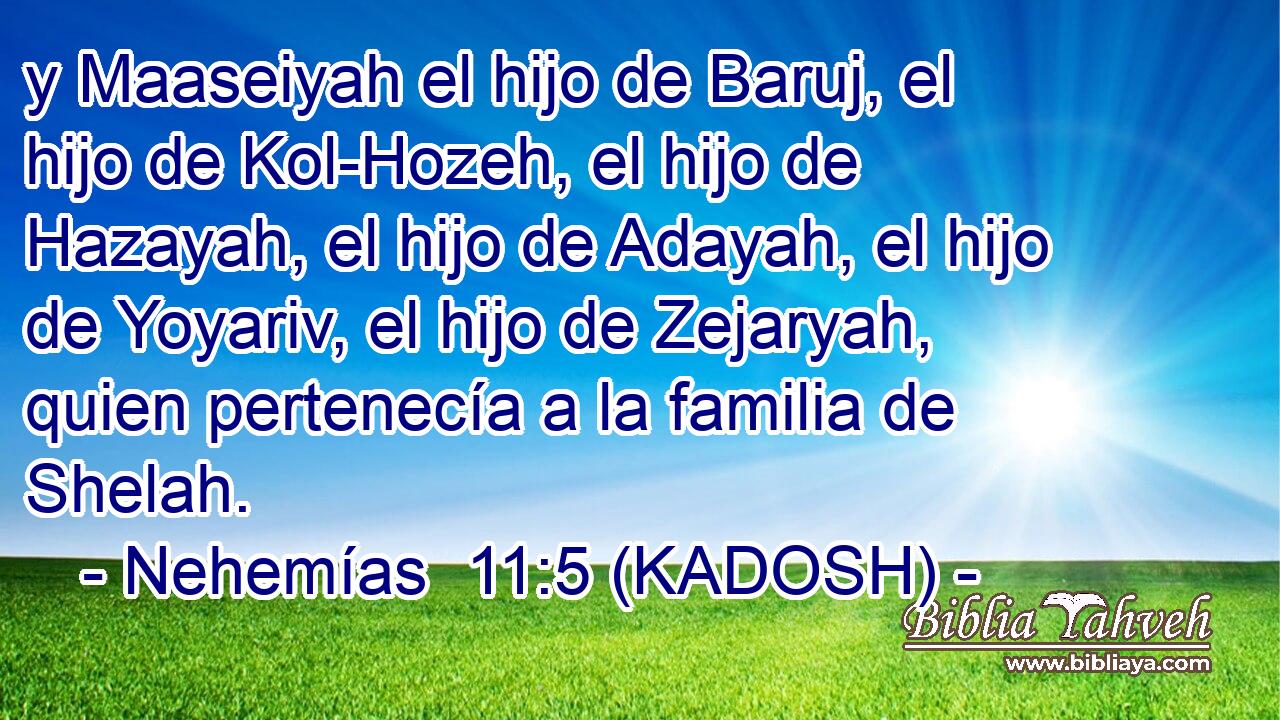  y Maaseiyah el hijo de Baruj, el hijo de Kol-Hozeh, el hijo de Hazayah, el hijo de Adayah, el hijo de Yoyariv, el hijo de Zejaryah, quien pertenecía a la familia de Shelah. 