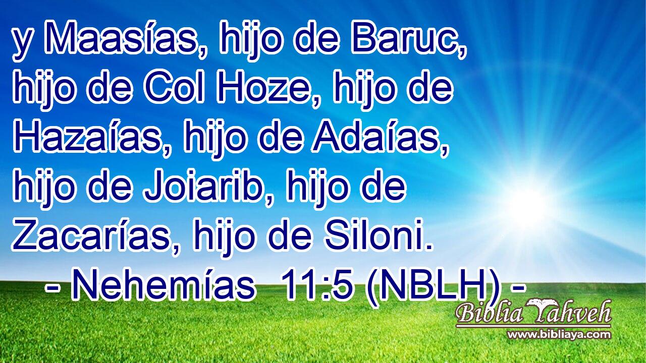  y Maasías, hijo de Baruc, hijo de Col Hoze, hijo de Hazaías, hijo de Adaías, hijo de Joiarib, hijo de Zacarías, hijo de Siloni. 