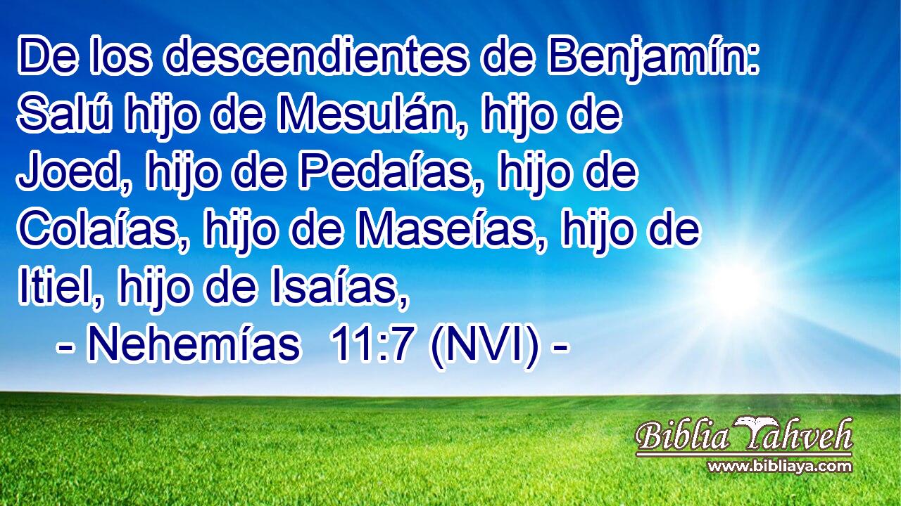  De los descendientes de Benjamín: Salú hijo de Mesulán, hijo de Joed, hijo de Pedaías, hijo de Colaías, hijo de Maseías, hijo de Itiel, hijo de Isaías, 