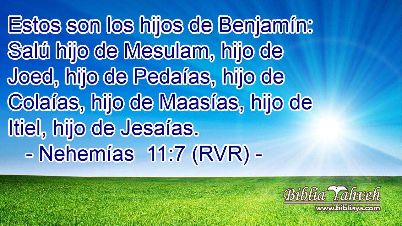Estos son los hijos de Benjamín: Salú hijo de Mesulam, hijo de Joed, hijo de Pedaías, hijo de Colaías, hijo de Maasías, hijo de Itiel, hijo de Jesaías.
