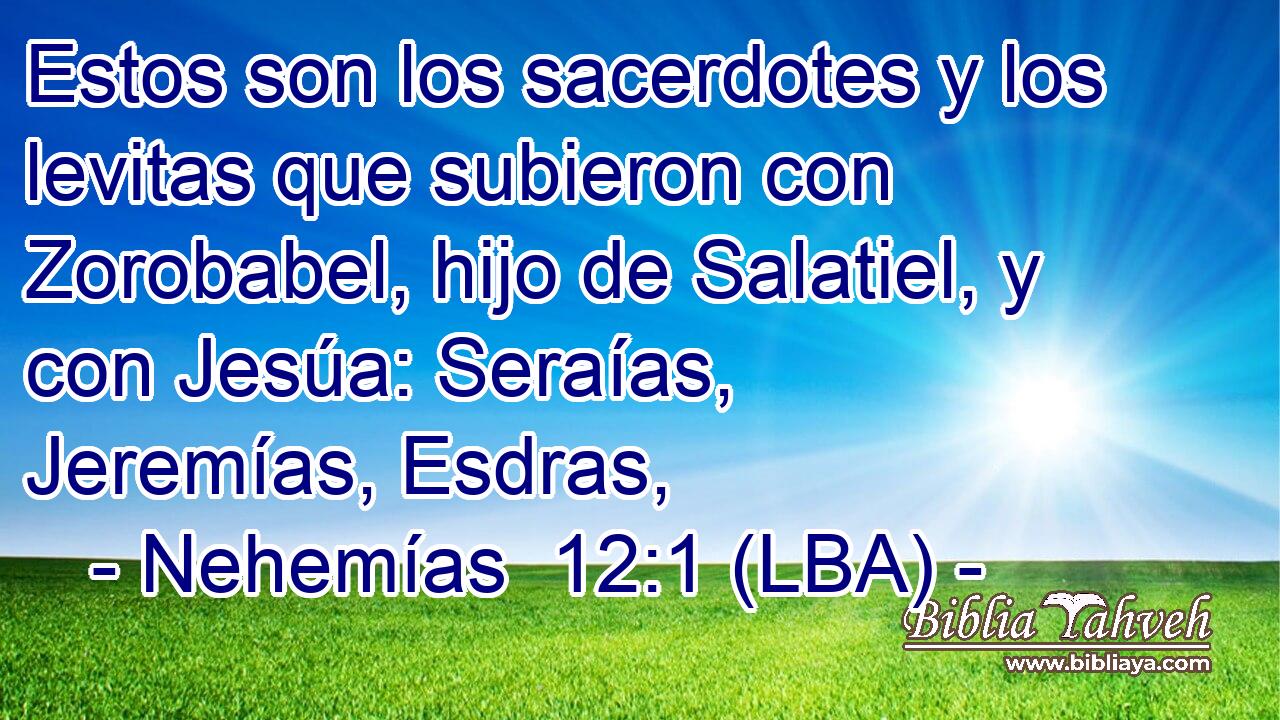 Estos son los sacerdotes y los levitas que subieron con Zorobabel, hijo de Salatiel, y con Jesúa: Seraías, Jeremías, Esdras,