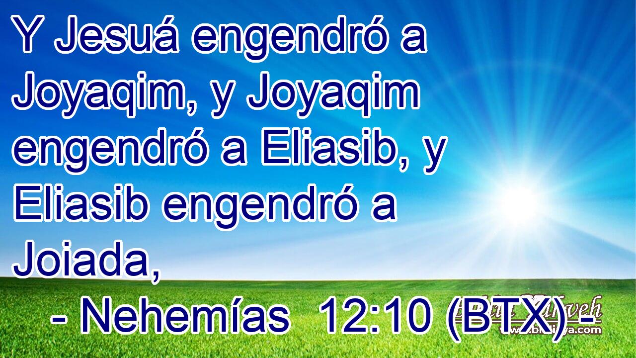 Y Jesuá engendró a Joyaqim, y Joyaqim engendró a Eliasib, y Eliasib engendró a Joiada,
