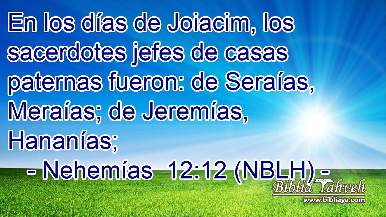  En los días de Joiacim, los sacerdotes jefes de casas paternas fueron: de Seraías, Meraías; de Jeremías, Hananías; 