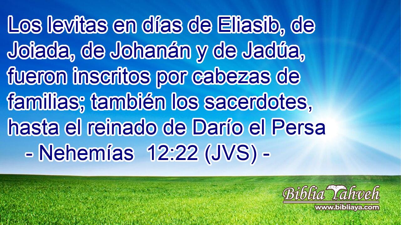 Los levitas en días de Eliasib, de Joiada, de Johanán y de Jadúa, fueron inscritos por cabezas de familias; también los sacerdotes, hasta el reinado de Darío el Persa