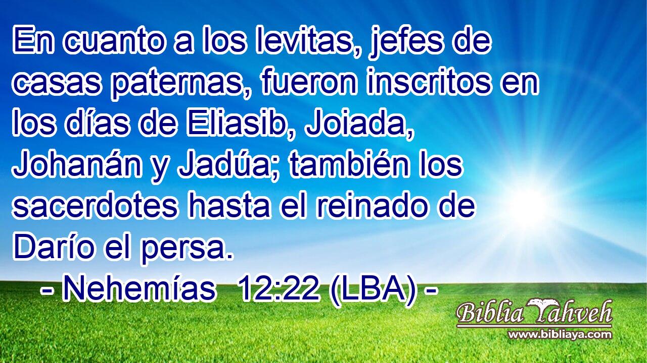 En cuanto a los levitas, jefes de casas paternas, fueron inscritos en los días de Eliasib, Joiada, Johanán y Jadúa; también los sacerdotes hasta el reinado de Darío el persa.
