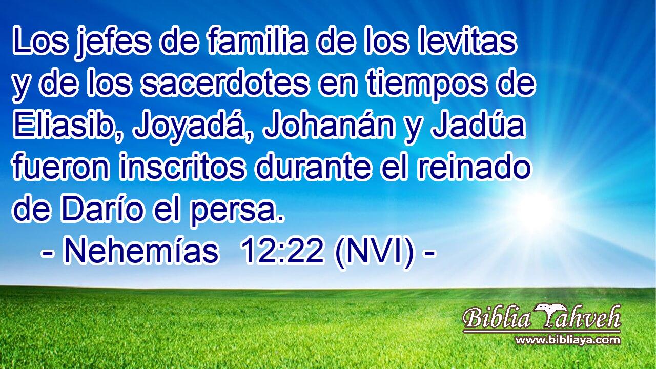  Los jefes de familia de los levitas y de los sacerdotes en tiempos de Eliasib, Joyadá, Johanán y Jadúa fueron inscritos durante el reinado de Darío el persa. 