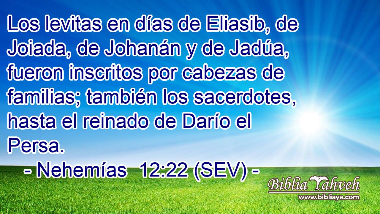 Los levitas en días de Eliasib, de Joiada, de Johanán y de Jadúa, fueron inscritos por cabezas de familias; también los sacerdotes, hasta el reinado de Darío el Persa.