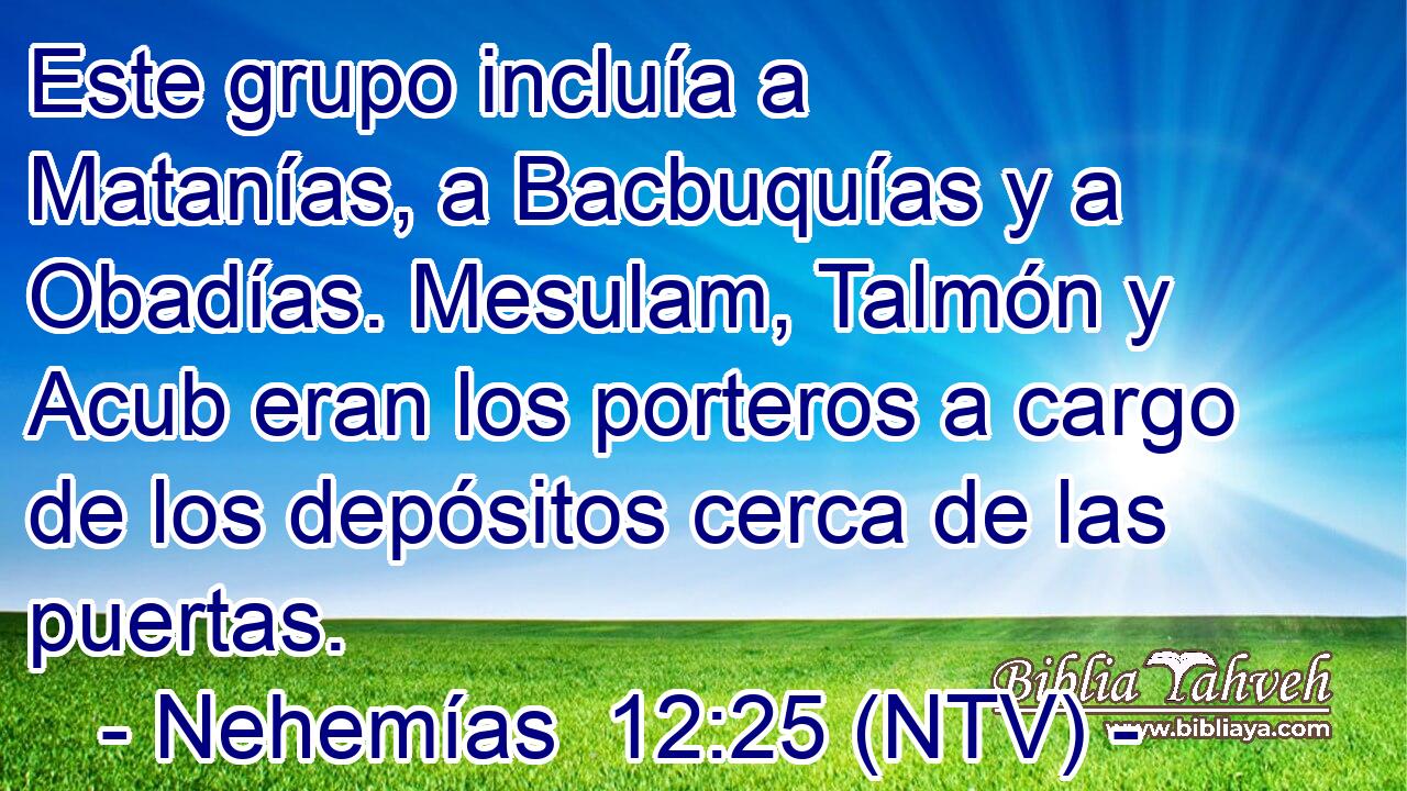 Este grupo incluía a Matanías, a Bacbuquías y a Obadías. Mesulam, Talmón y Acub eran los porteros a cargo de los depósitos cerca de las puertas.
