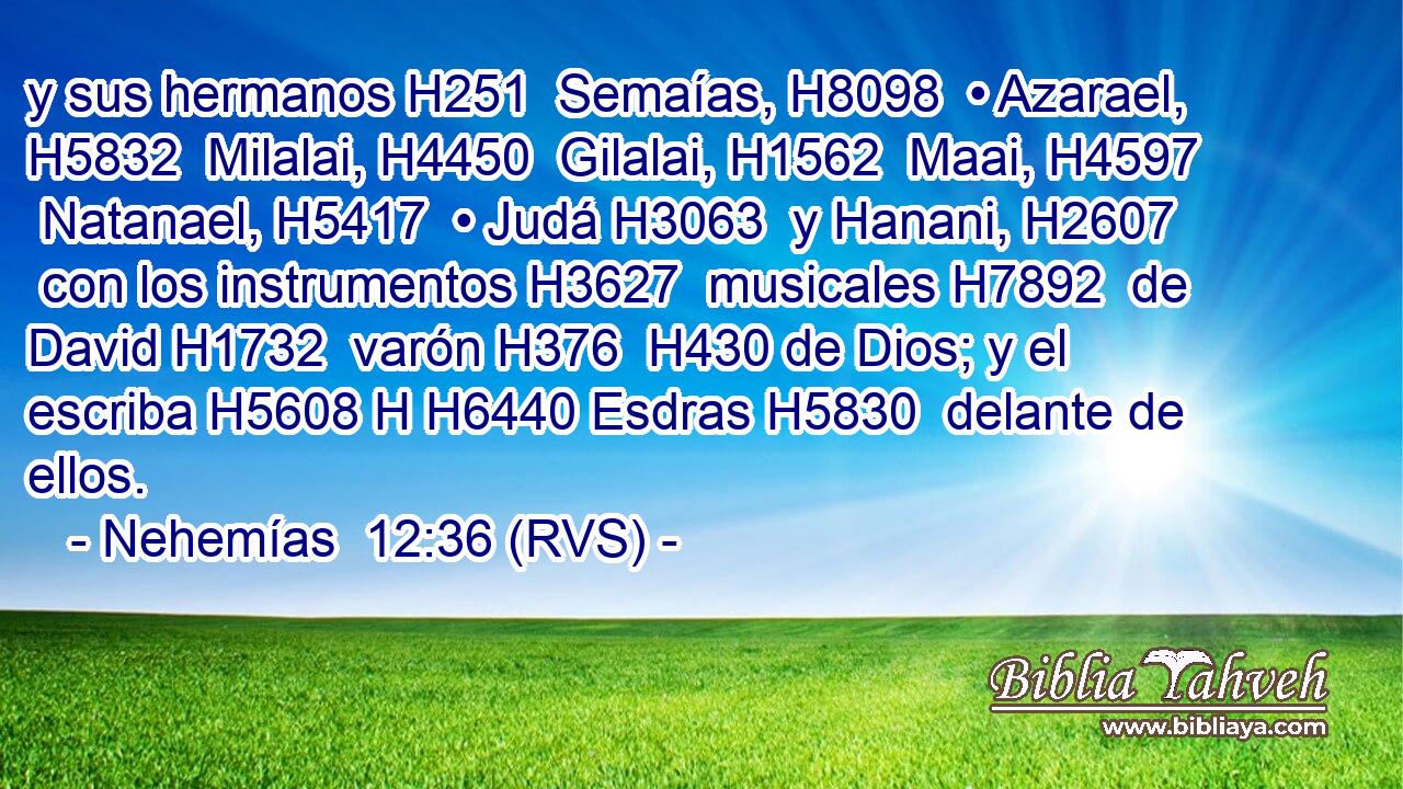 y sus hermanos H251  Semaías, H8098  • Azarael, H5832  Milalai, H4450  Gilalai, H1562  Maai, H4597  Natanael, H5417  • Judá H3063  y Hanani, H2607  con los instrumentos H3627  musicales H7892  de David H1732  varón H376  H430 de Dios; y el escriba H5608 H H6440 Esdras H5830  delante de ellos. 