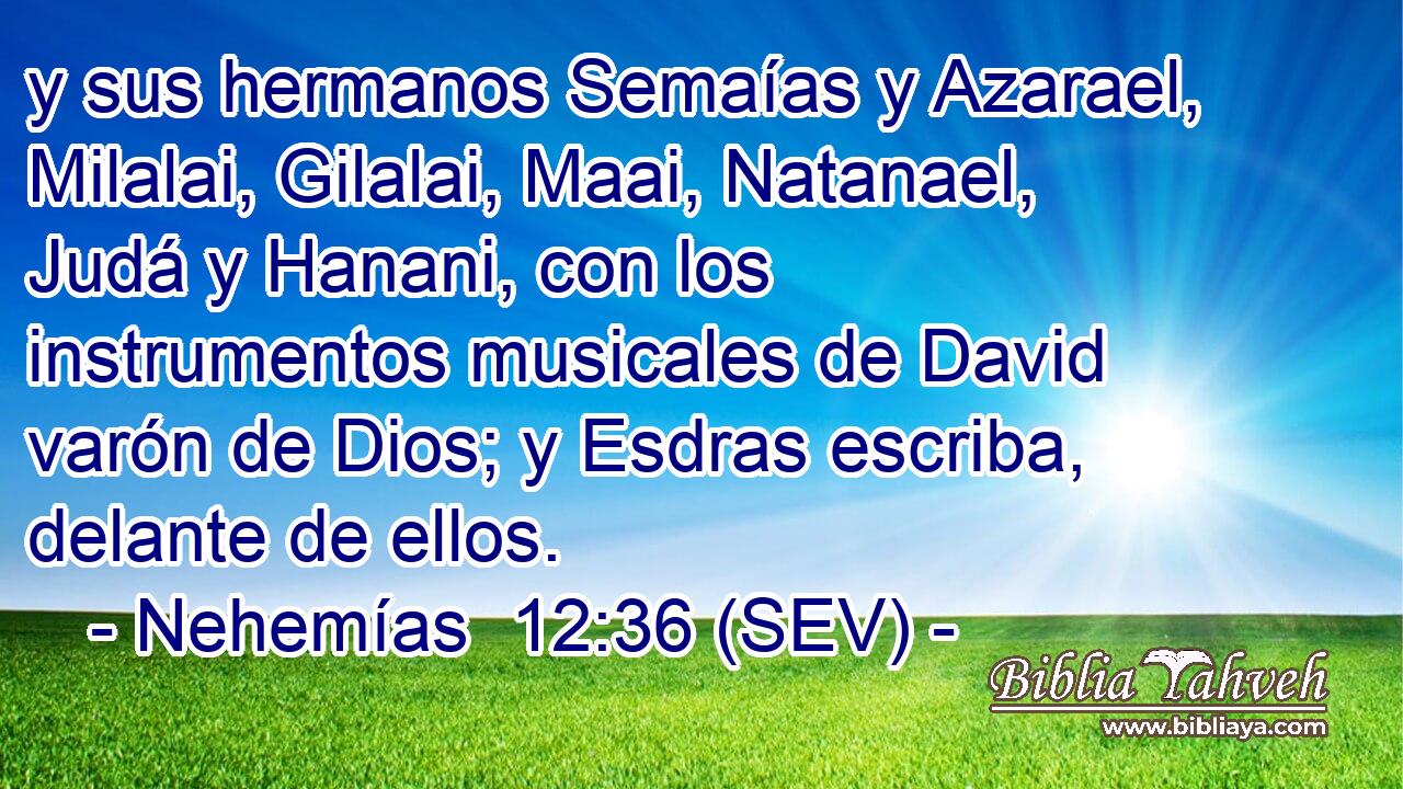 y sus hermanos Semaías y Azarael, Milalai, Gilalai, Maai, Natanael, Judá y Hanani, con los instrumentos musicales de David varón de Dios; y Esdras escriba, delante de ellos.