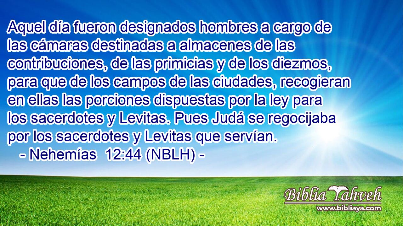  Aquel día fueron designados hombres a cargo de las cámaras destinadas a almacenes de las contribuciones, de las primicias y de los diezmos, para que de los campos de las ciudades, recogieran en ellas las porciones dispuestas por la ley para los sacerdotes y Levitas. Pues Judá se regocijaba por los sacerdotes y Levitas que servían. 