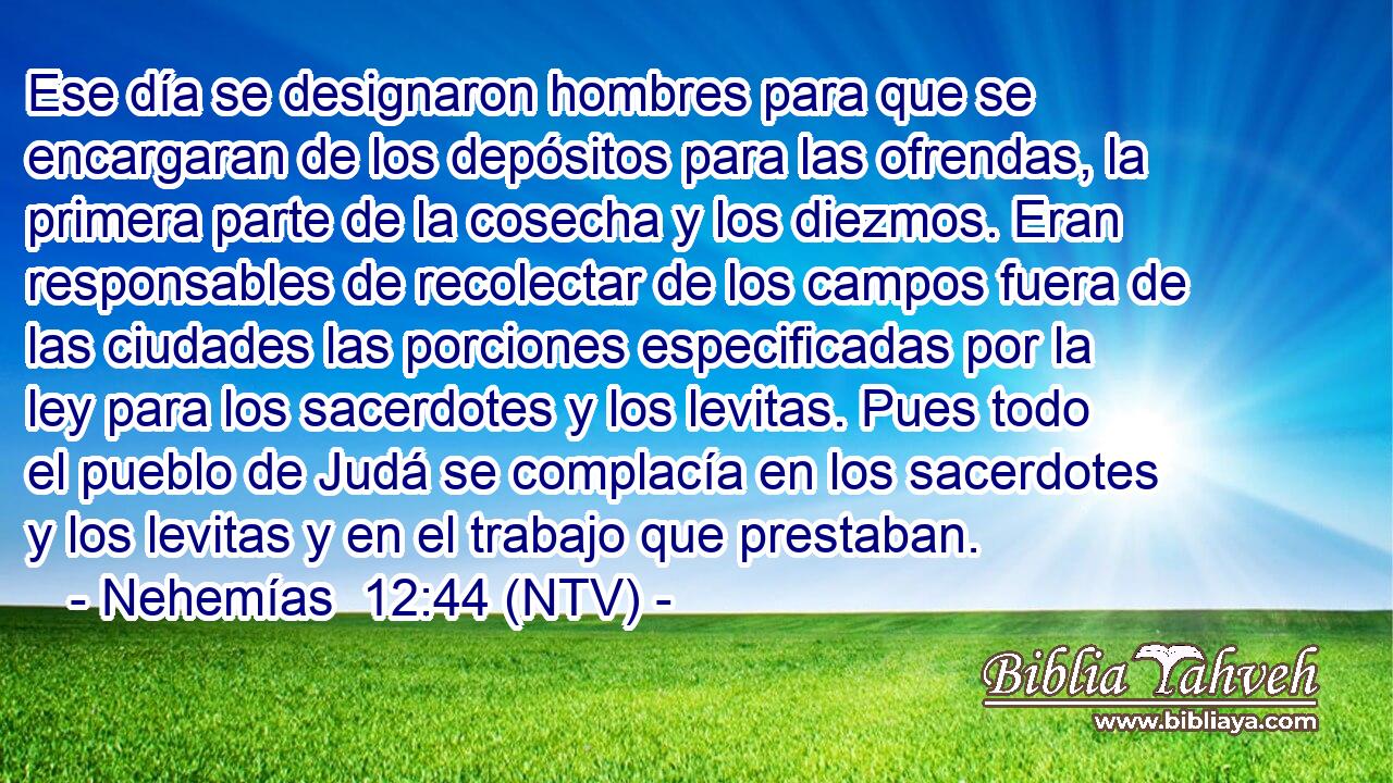 Ese día se designaron hombres para que se encargaran de los depósitos para las ofrendas, la primera parte de la cosecha y los diezmos. Eran responsables de recolectar de los campos fuera de las ciudades las porciones especificadas por la ley para los sacerdotes y los levitas. Pues todo el pueblo de Judá se complacía en los sacerdotes y los levitas y en el trabajo que prestaban.