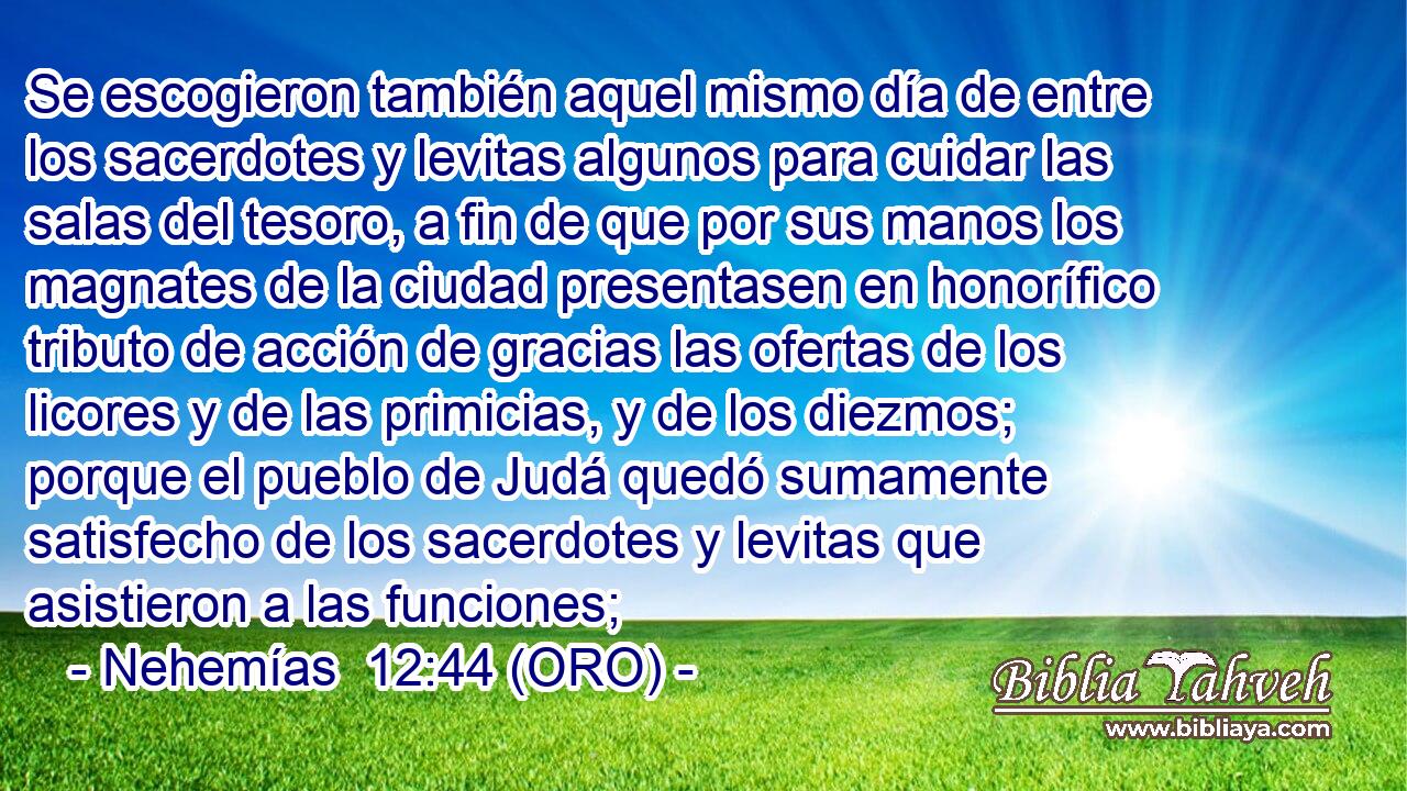  Se escogieron también aquel mismo día de entre los sacerdotes y levitas algunos para cuidar las salas del tesoro, a fin de que por sus manos los magnates de la ciudad presentasen en honorífico tributo de acción de gracias las ofertas de los licores y de las primicias, y de los diezmos; porque el pueblo de Judá quedó sumamente satisfecho de los sacerdotes y levitas que asistieron a las funciones; 