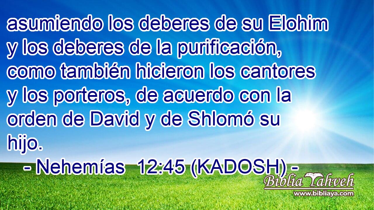  asumiendo los deberes de su Elohim y los deberes de la purificación, como también hicieron los cantores y los porteros, de acuerdo con la orden de David y de Shlomó su hijo. 