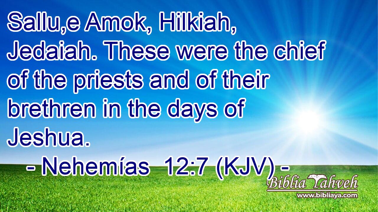 Sallu,e Amok, Hilkiah, Jedaiah. These were the chief of the priests and of their brethren in the days of Jeshua.