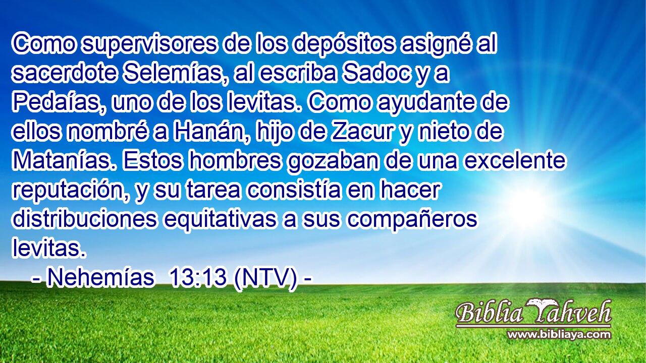 Como supervisores de los depósitos asigné al sacerdote Selemías, al escriba Sadoc y a Pedaías, uno de los levitas. Como ayudante de ellos nombré a Hanán, hijo de Zacur y nieto de Matanías. Estos hombres gozaban de una excelente reputación, y su tarea consistía en hacer distribuciones equitativas a sus compañeros levitas.