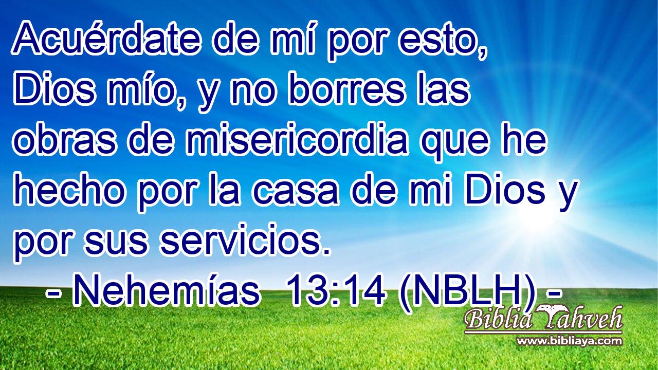  Acuérdate de mí por esto, Dios mío, y no borres las obras de misericordia que he hecho por la casa de mi Dios y por sus servicios. 