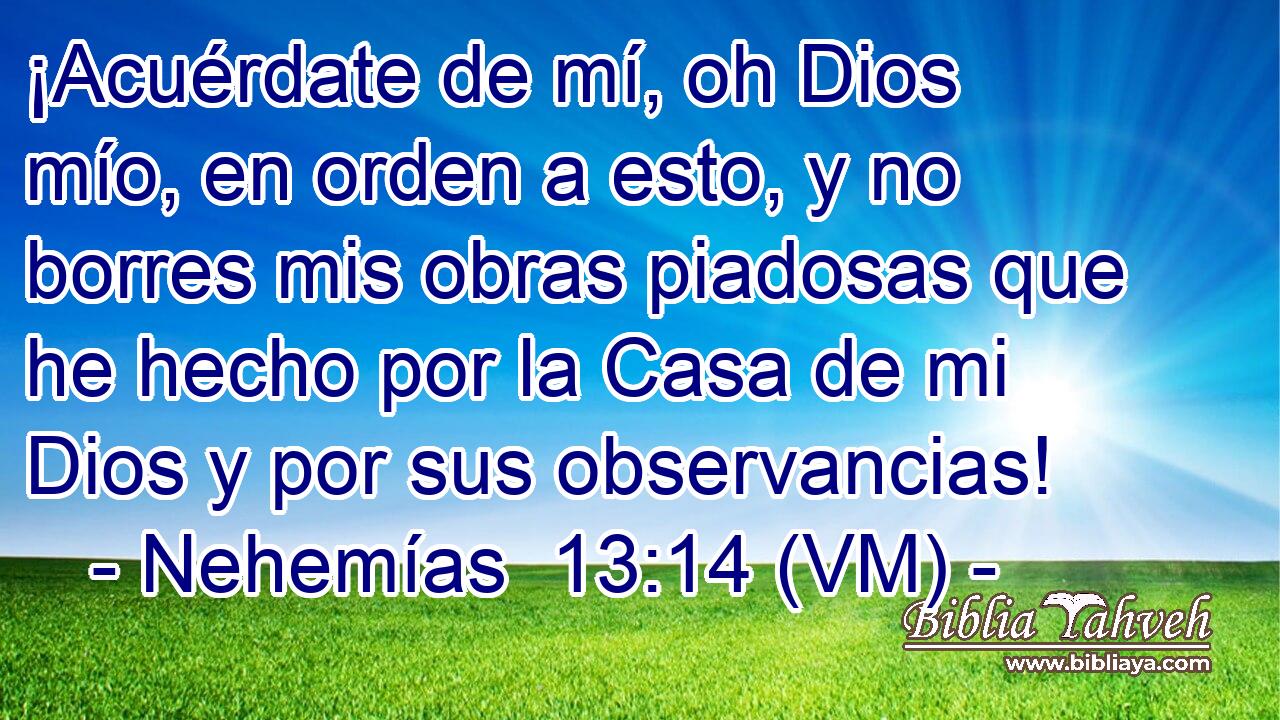  ¡Acuérdate de mí, oh Dios mío, en orden a esto, y no borres mis obras piadosas que he hecho por la Casa de mi Dios y por sus observancias! 